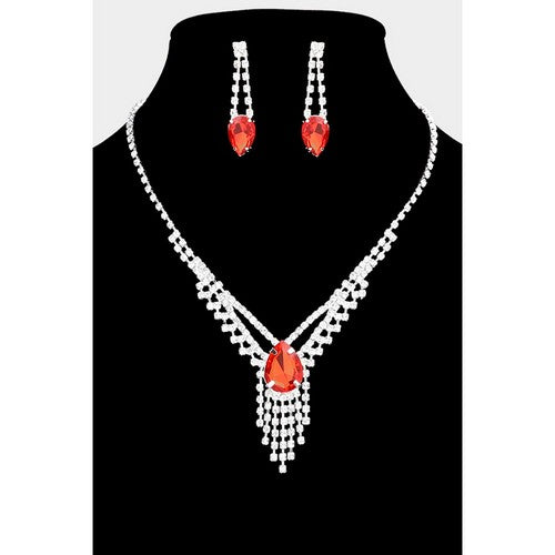 RN1193 Rhinestone Droplet Fringe Necklace & Earring Set in Silver & Red