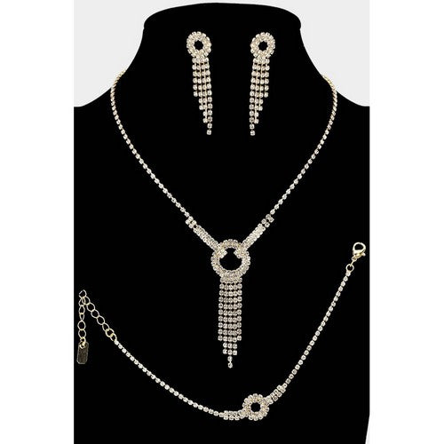 RN20455 Rhinestone Round Fringe Necklace & Earring Set in Gold & Clear Crystal