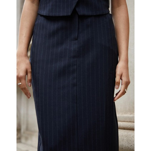 Threadbare Pinstripe Tailored Midi Skirt in Navy