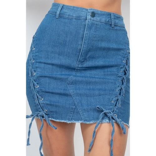 Crisscross Distressed Hem Skirt in Medium Denim