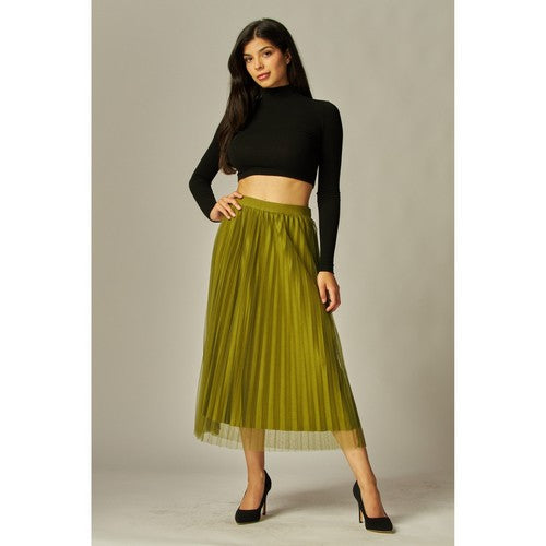 Tulle Double-Layered Pleated Skirt in Olive