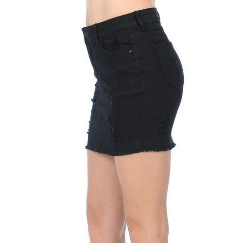 Wax Jean Destructed Frayed Hem Skirt in Black