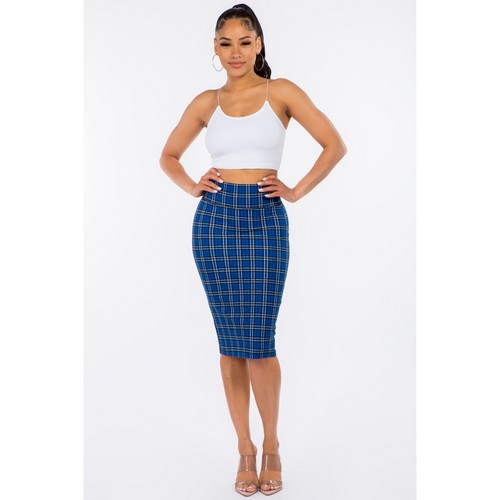 Ponte Knee-Length Pencil Skirt in Royal Blue Plaid