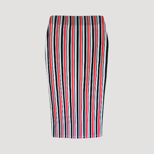 Metal Zip Pencil Skirt in Red, Black & Ivory Stripe