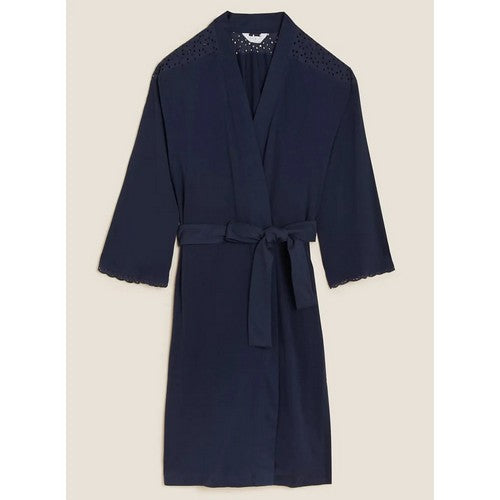 Marks & Spencer Pure Cotton Broderie Trim Wrap Gown in Navy
