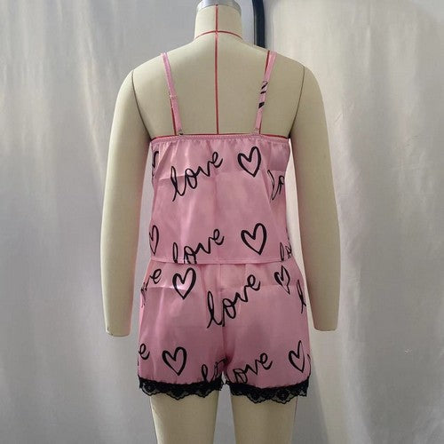 Love Heart Satin & Lace Cami & Shorts Sleep Set in Pink