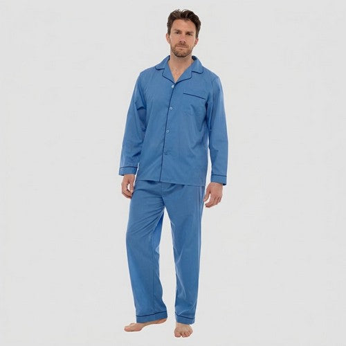Walter Grange Traditional Pyjama Set in Blue with Navy Piping