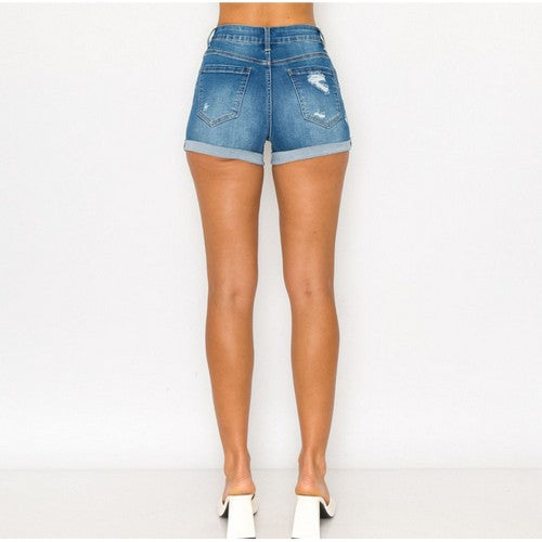 Wax Jean Mid Rise Destroyed Denim Shorts in Medium Denim