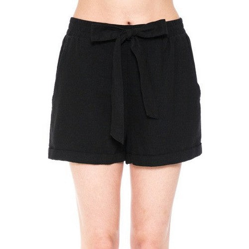 Tie Waist Linen Short in Black