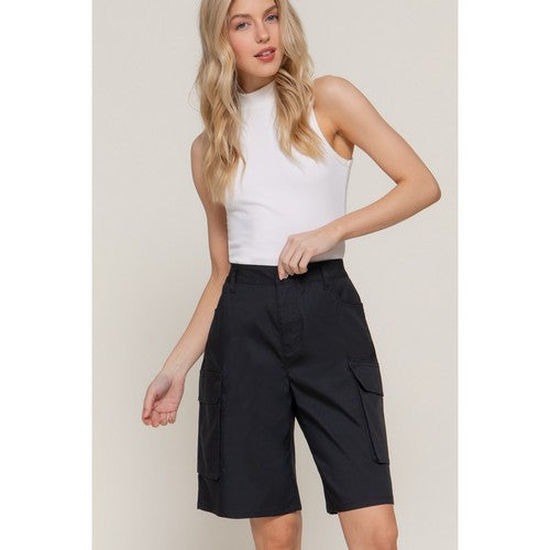 Cotton Cargo Bermuda Shorts in Black