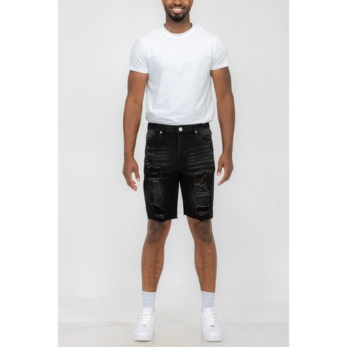 Distressed Cut-Off Denim Shorts in Black