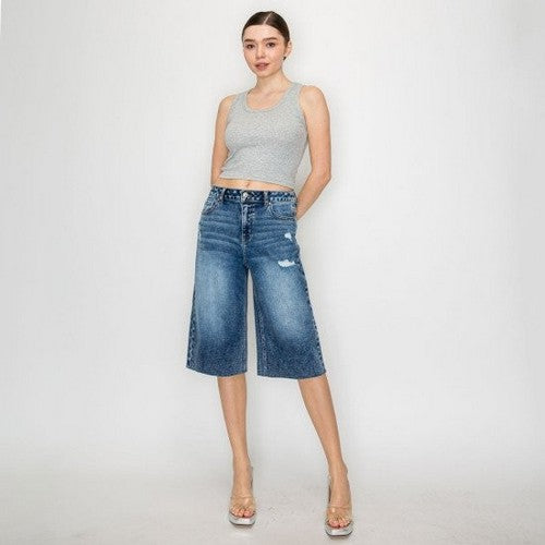 Wax Jean Sprinkle Wash Raw Hem Short in Dark Denim