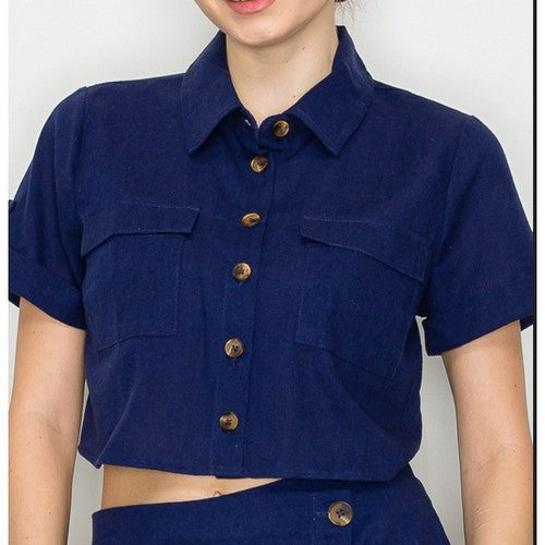 Linen Cargo Shirt in Navy