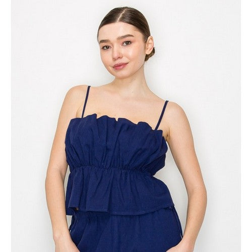 Linen Ruffle Cami Top in Navy