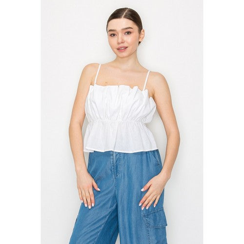 Linen Ruffle Cami Top in White