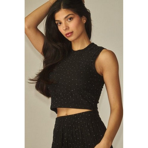 Rhinestone Crinkle Tank & Wide Leg Pant Set in Black