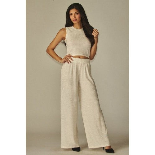 Rhinestone Crinkle Tank & Wide Leg Pant Set in Off White