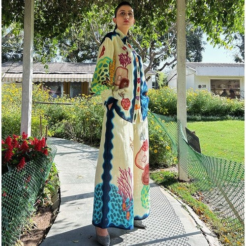 CWSTB1508 Sea Life Linen Wide Leg Pants in Yellow & Blue