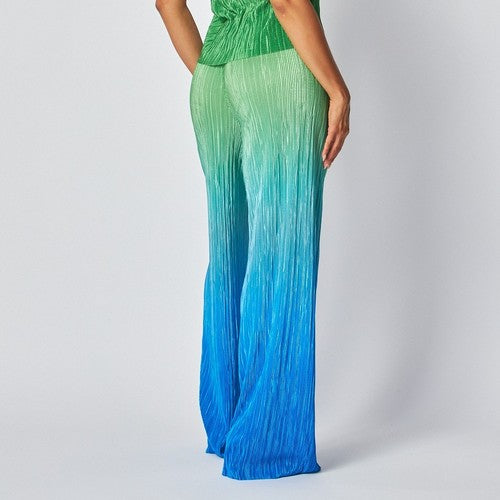 Two Tone Plissé Halter Top Pant Set in Green & Blue