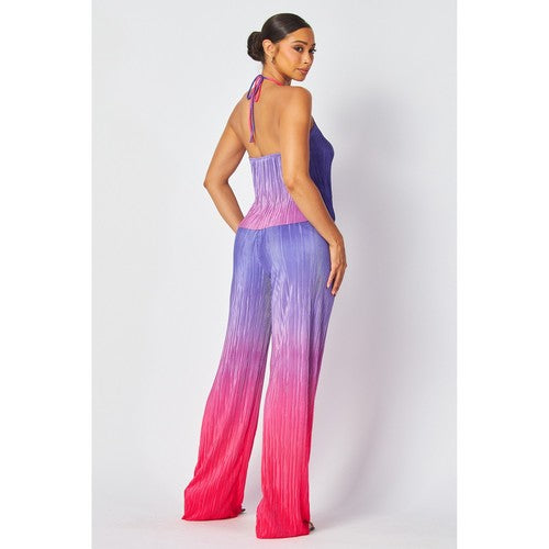 Two Tone Plissé Halter Top Purple & Pink