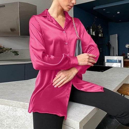 Roll Sleeve Satin Shirt in Fuchsia