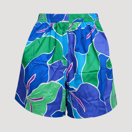 XH2863 Satin Abstract Floral Print Shorts in Blue & Green