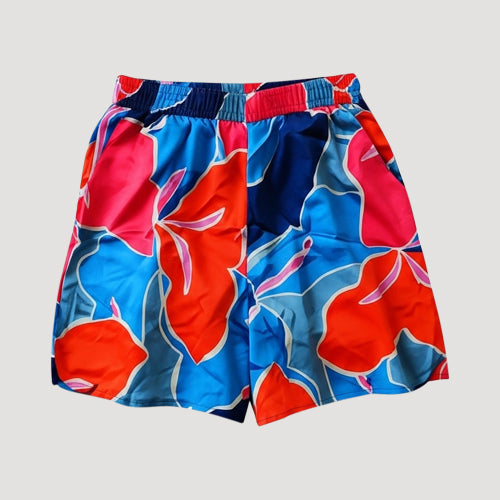 XH2863 Satin Abstract Floral Print Shorts in Blue & Red