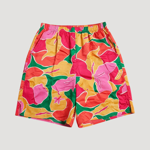XH2863 Satin Abstract Floral Print Shorts in Pink