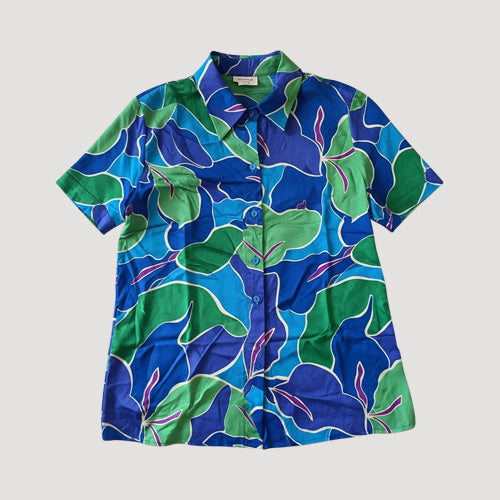 XH2863 Satin Abstract Floral Print Shirt in Blue & Green