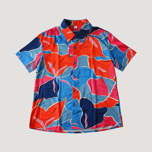 XH2863 Satin Abstract Floral Print Shirt in Blue & Red