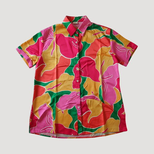 XH2863 Satin Abstract Floral Print Shirt in Pink