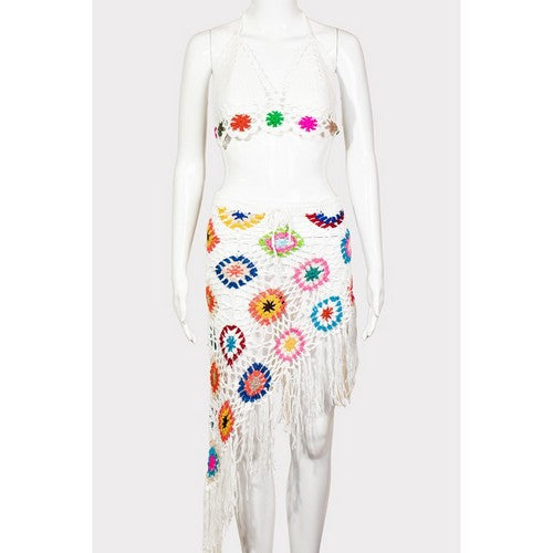 MMP8732 Crochet Flora Fringe Cover Up Shirt Set in Ivory