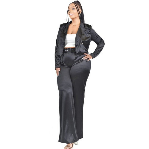 Plus Size Satin Gold Button Crop Jacket in Black