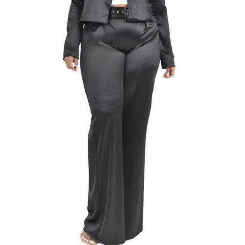 GST70529PL-S Satin Belted Flare Pants in Black