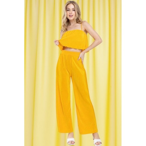 Plissé Wide Leg Pants in Mustard