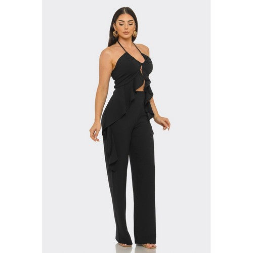 Drape Ruffle Wide Leg Pant Set in Black