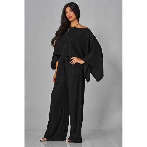 Luxe Crinkle Kimono Cape & Pant Set in Black