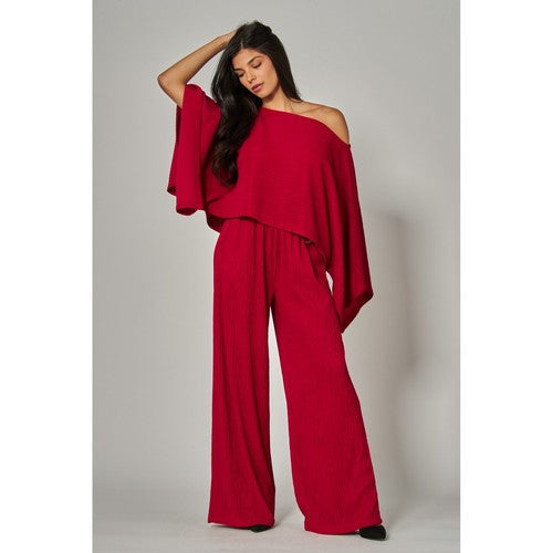 Luxe Crinkle Kimono Cape & Pant Set in Cranberry