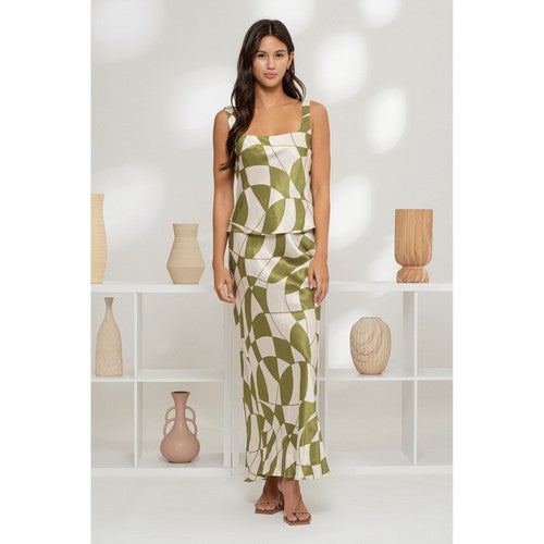 Geo Print Satin Skirt Set in Olive
