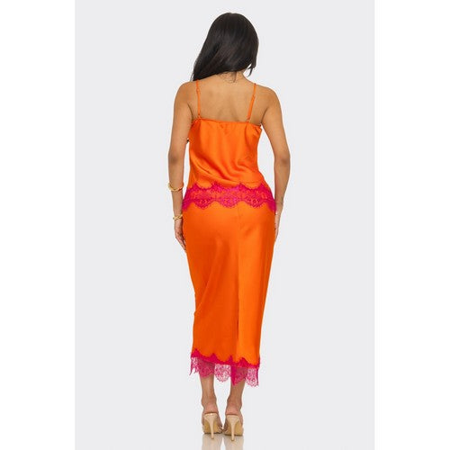 Lace Trim Satin Contrast Skirt Set in Orange
