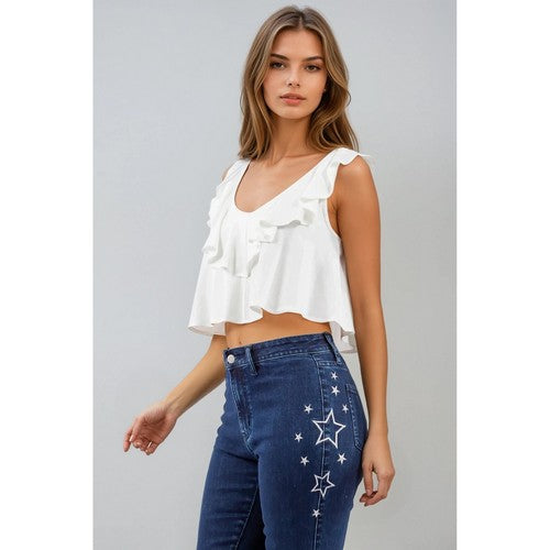 Ruffled Linen Crop Tank in White