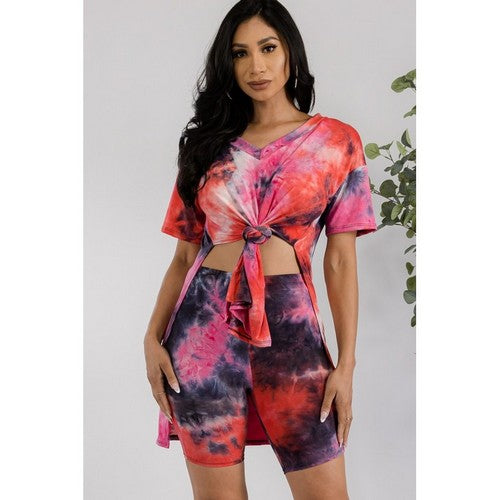 Side Slit Tee & Biker Short Set in Fuchsia Tie Dye