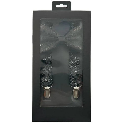 Bow Tie & Suspender Box Set in Sequin Black