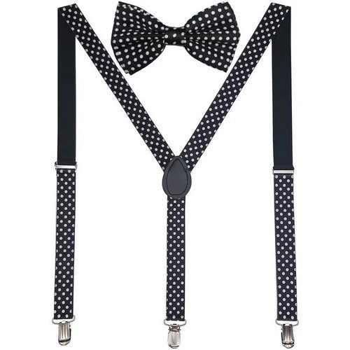 10951 Bow Tie & Suspender Box Set in Black & White Dot