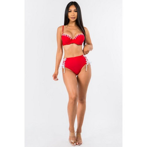 Eyelet Lace Up 2pc Bikini Set in Red