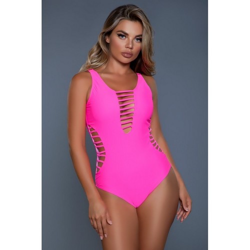 Evie Caged 1pc Bathing Suit in Neon Pink