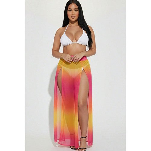 High Split Mesh Cover-Up Skirt in Fuchsia & Yellow Tie Dye