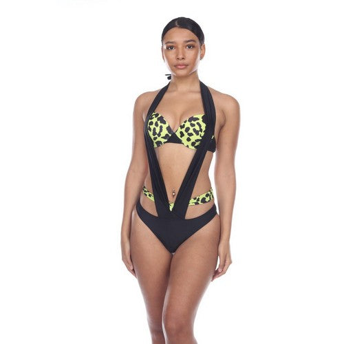 Leopard Print Strappy Halter Bathing Suit in Black & Lime Green