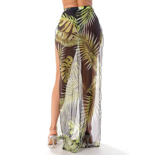 Long Sleeve Tube Bikini & Skirt Co-Ord Set in Tropical Black & Green
