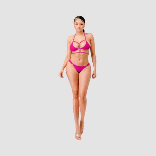 Strappy Ring Detail Bikini in Neon Fuchsia